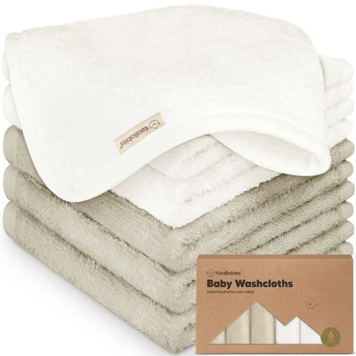 6 - Pack KeaBabies Baby Washcloths (White/ Stone)