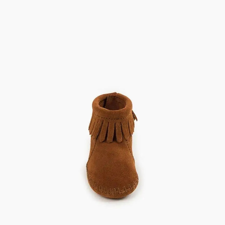 Minnetonka Suede Fringe Back Flap Booties