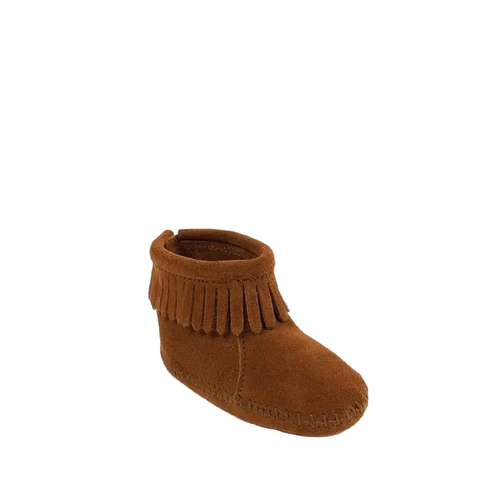 Minnetonka Suede Fringe Back Flap Booties