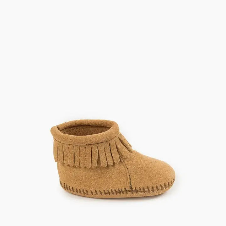 Minnetonka Suede Fringe Back Flap Booties