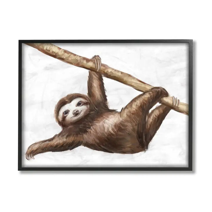 Jungle Sloth Playing Minimal Tree Branch Black Framed