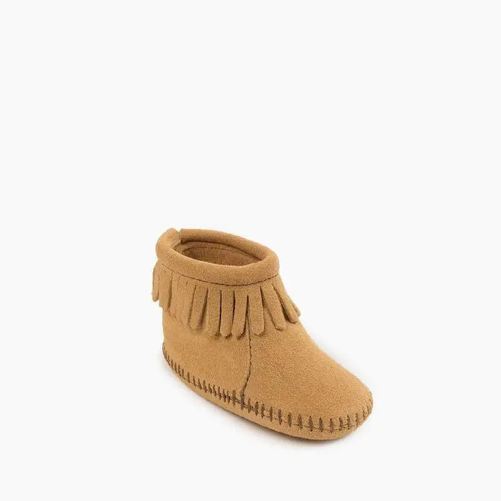 Minnetonka Suede Fringe Back Flap Booties