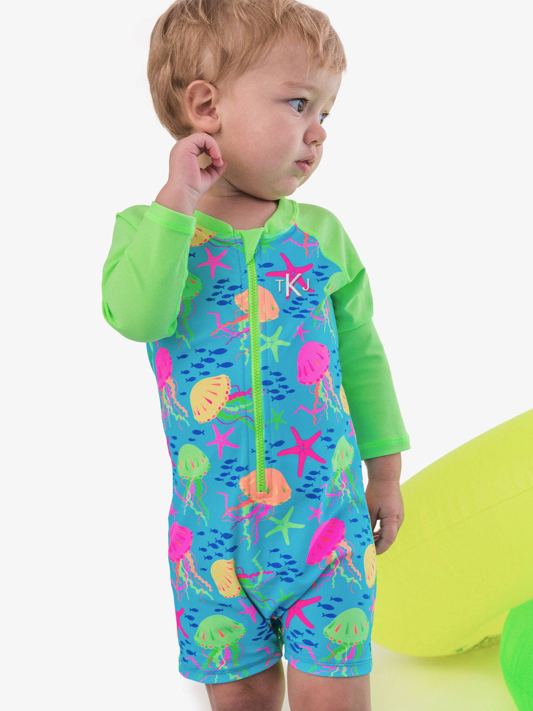 RuffleButts + RuggedButts Long Sleeve One Piece Rash Guard Swimsuit - Neon Jelly Time