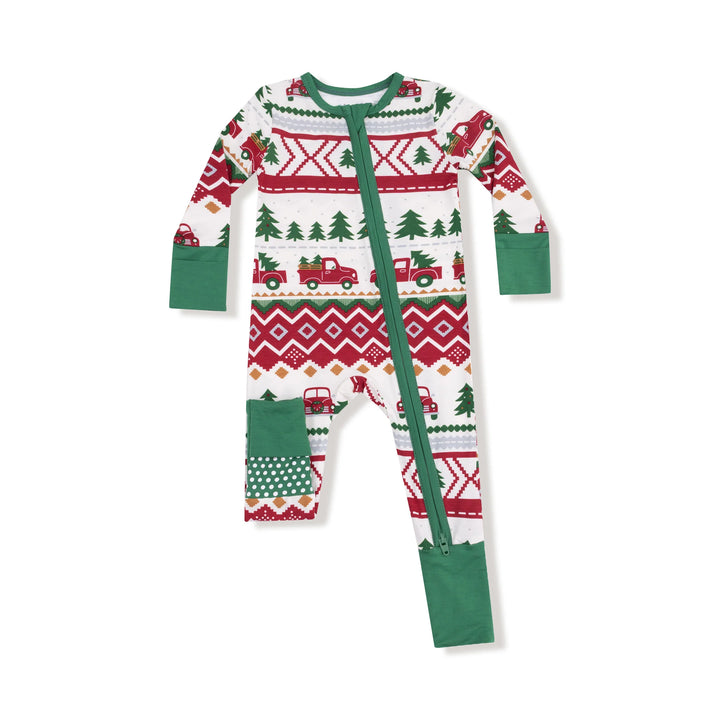 Angel Dear 2 Way Zipper Romper- Red Truck Fair Isle
