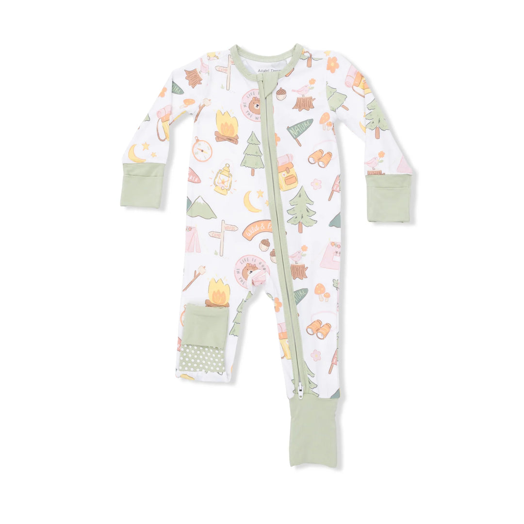 Angel Dear 2 Way Zipper Ruffle Back Footie/Convertible Romper in Camping Pink - ONLINE EXCLUSIVE
