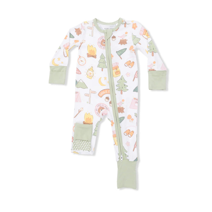 Angel Dear 2 Way Zipper Ruffle Back Footie/Convertible Romper in Camping Pink - ONLINE EXCLUSIVE