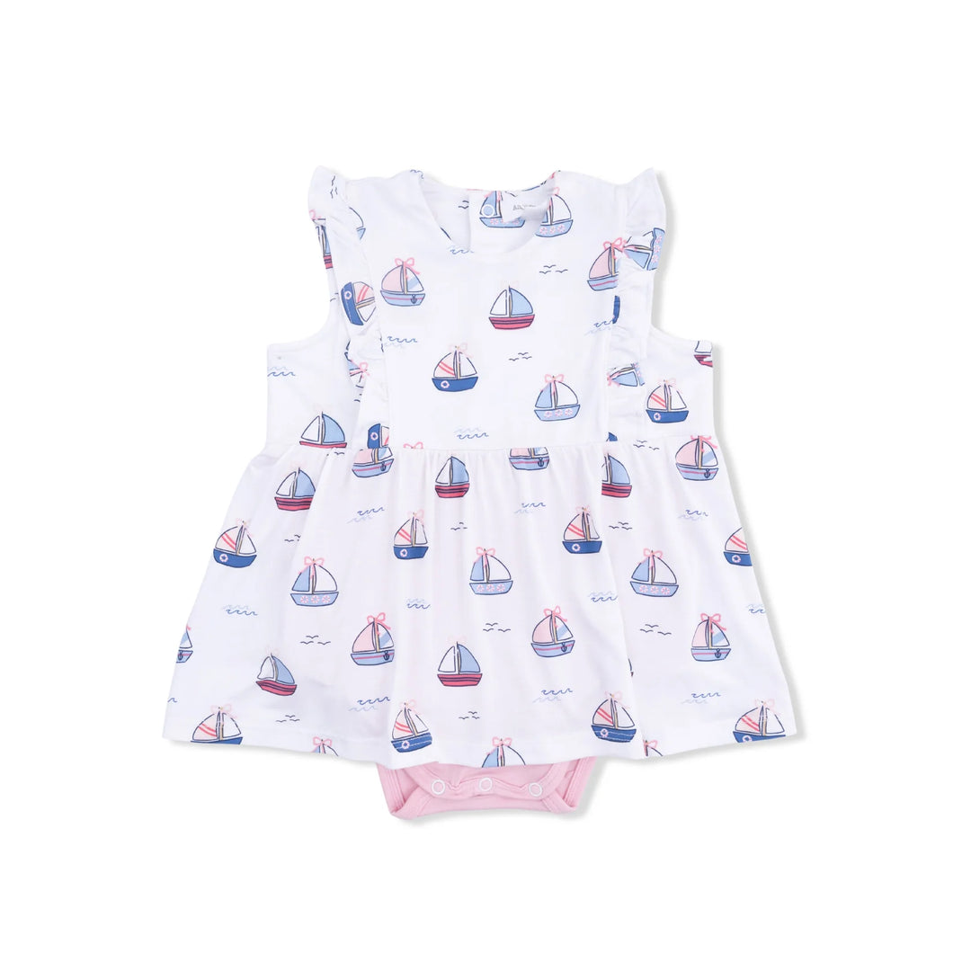 Angel Dear Bubbly Sailboats Pink Ruffle Bodysuit Dress