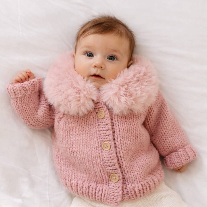 Huggalugs Fur Collar Cardigan Sweater - Rosy