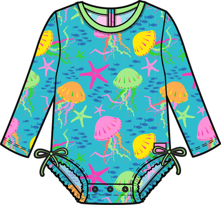 RuffleButts + RuggedButtsLong Sleeve One Piece Rash Guard Swimsuit - Neon Jelly Time