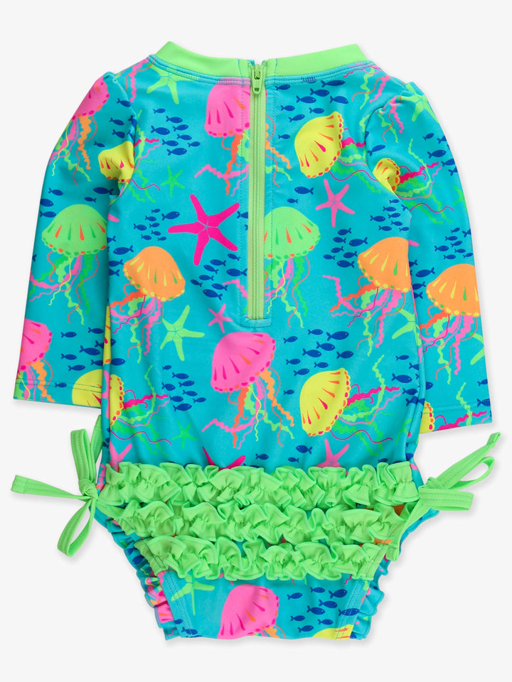 RuffleButts + RuggedButtsLong Sleeve One Piece Rash Guard Swimsuit - Neon Jelly Time