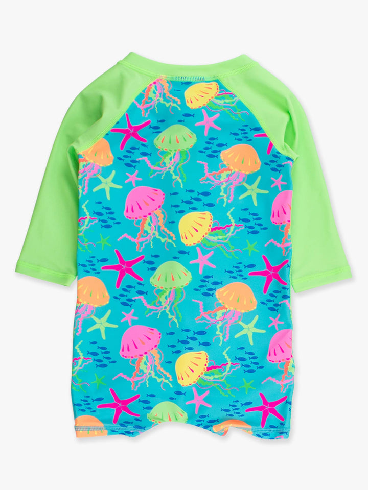 RuffleButts + RuggedButts Long Sleeve One Piece Rash Guard Swimsuit - Neon Jelly Time