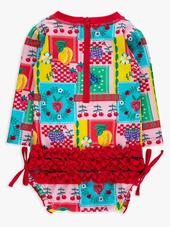 RuffleButts + RuggedButts Long Sleeve One Piece Rash Guard Swimsuit - Picnic Party Patchwork