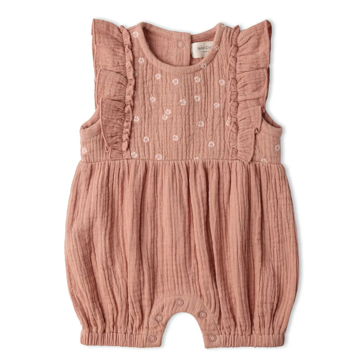 Makemake Organics Embroidered Ruffler Romper - Clay