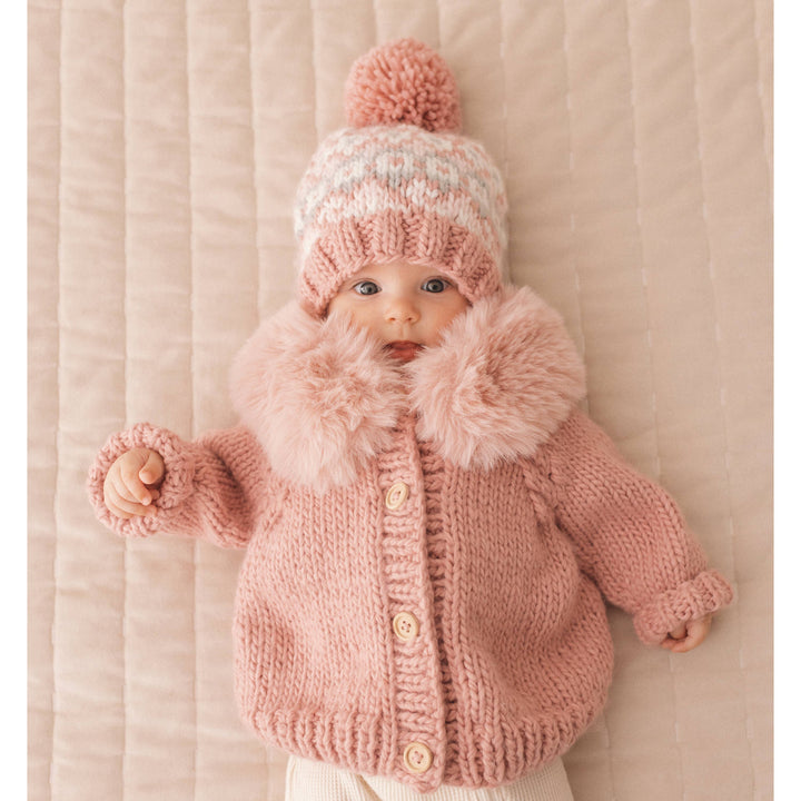 Huggalugs Fur Collar Cardigan Sweater - Rosy