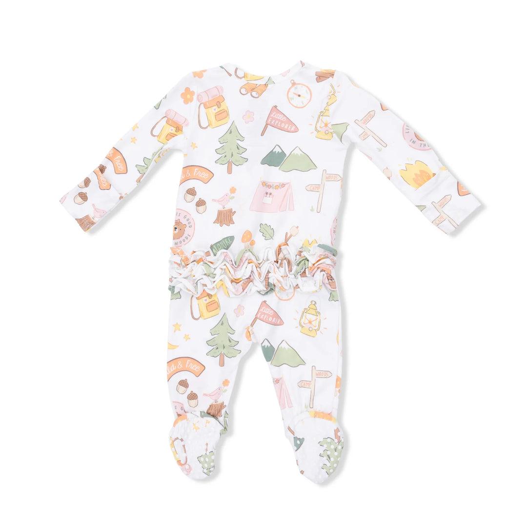Angel Dear 2 Way Zipper Ruffle Back Footie/Convertible Romper in Camping Pink - ONLINE EXCLUSIVE