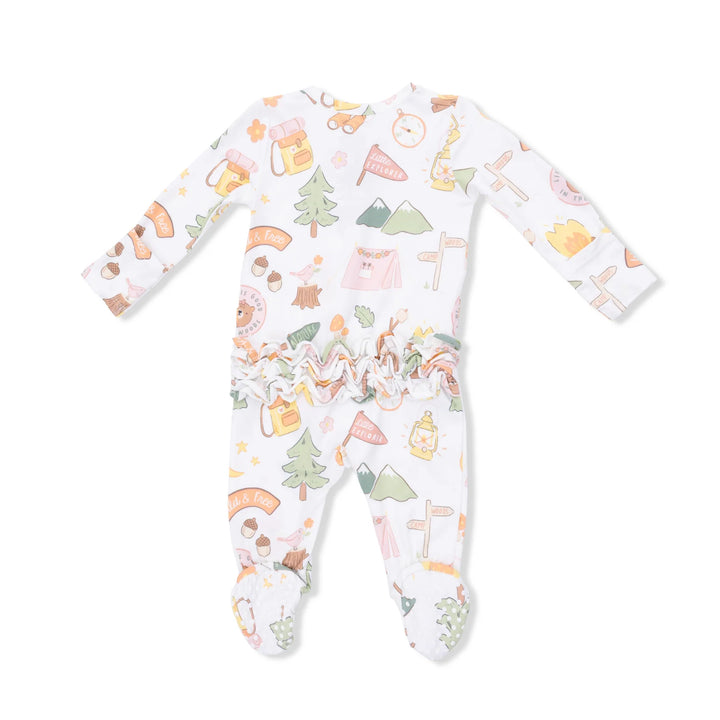 Angel Dear 2 Way Zipper Ruffle Back Footie/Convertible Romper in Camping Pink - ONLINE EXCLUSIVE