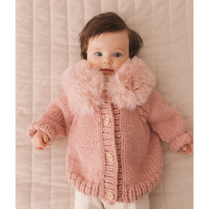 Huggalugs Fur Collar Cardigan Sweater - Rosy