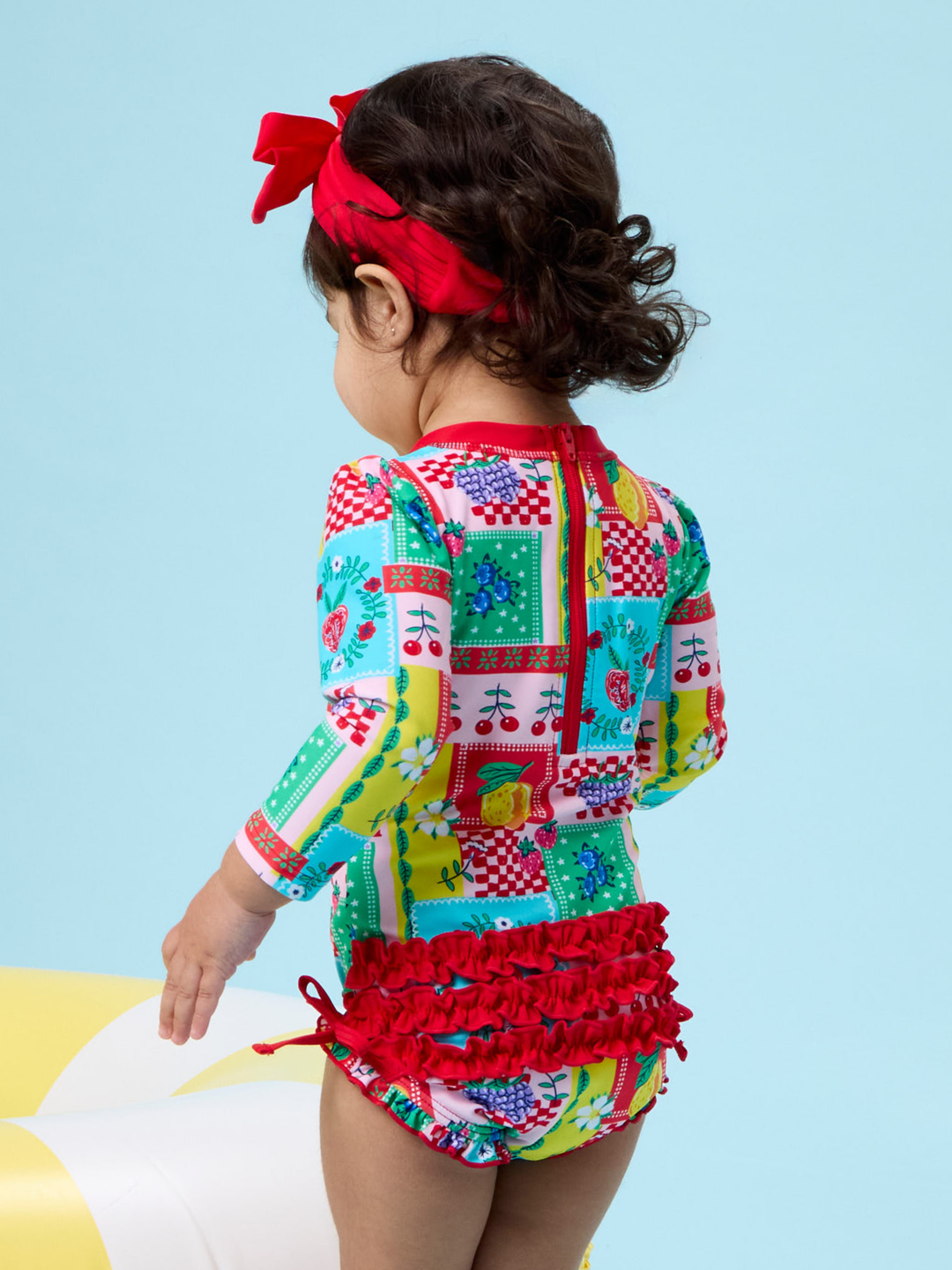 RuffleButts + RuggedButts Long Sleeve One Piece Rash Guard Swimsuit - Picnic Party Patchwork