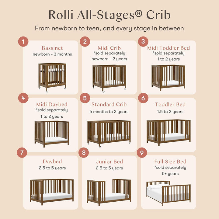 Babyletto Rolli 9-in-1 Convertible All-Stages Crib  to Full Bed with Bassinet & Toddler Bed Conversion Kits
