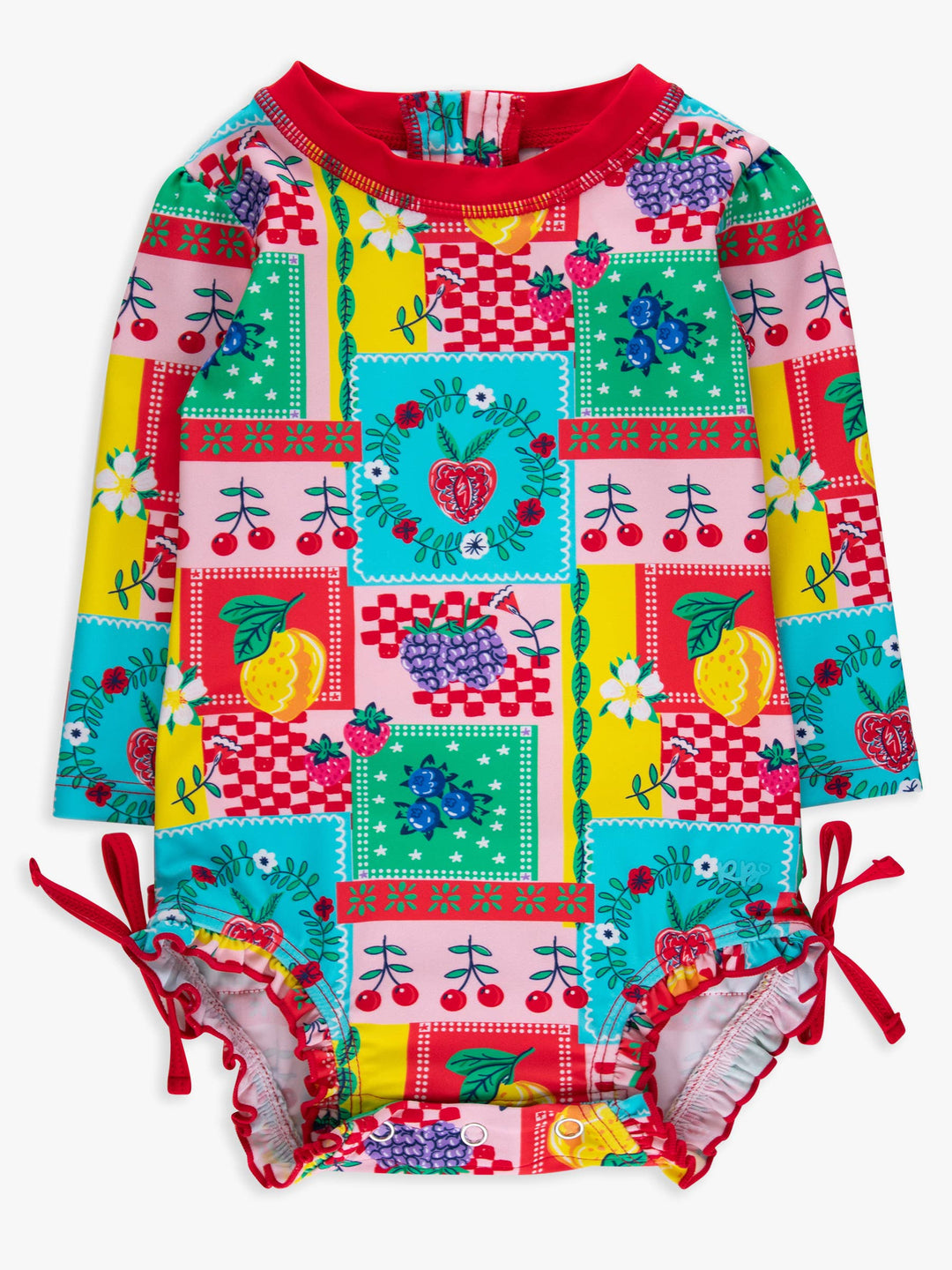 RuffleButts + RuggedButts Long Sleeve One Piece Rash Guard Swimsuit - Picnic Party Patchwork