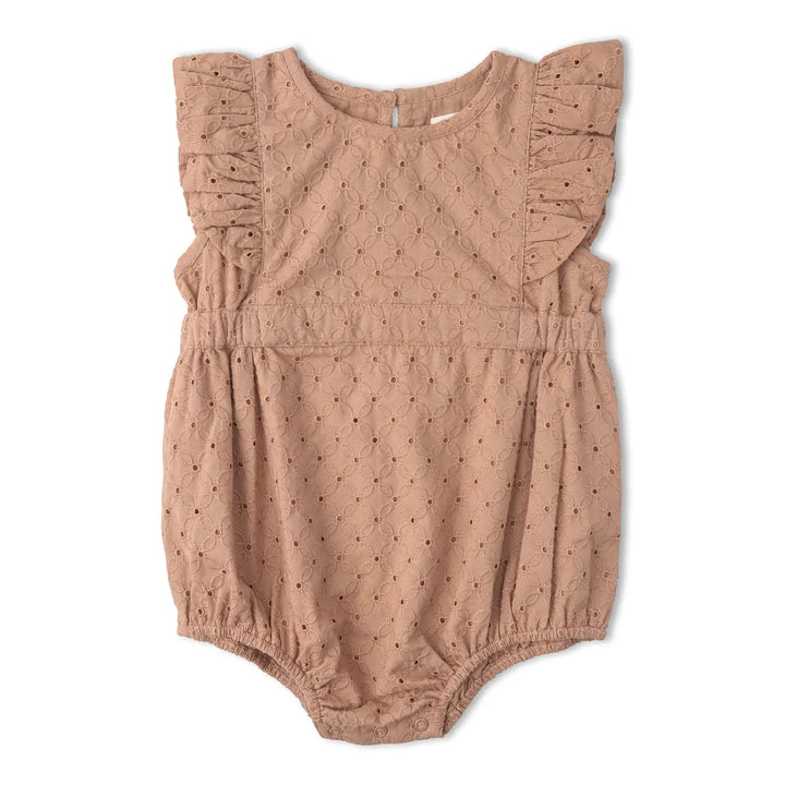 Makemake Organics Eyelet Flutter Romper - Clay Eyelet