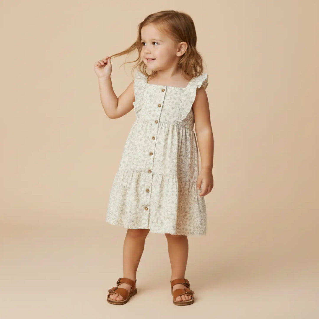 Makemake Organics Flutter Buttoned Tiered Dress - Bluebelle