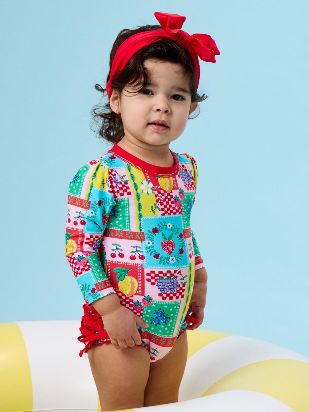 RuffleButts + RuggedButts Long Sleeve One Piece Rash Guard Swimsuit - Picnic Party Patchwork