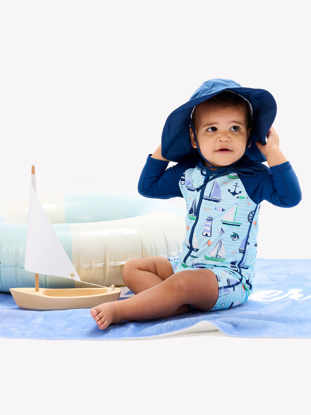 RuffleButts + RuggedButts Long Sleeve One Piece Rash Guard Swimsuit - Blue Sweet Sails