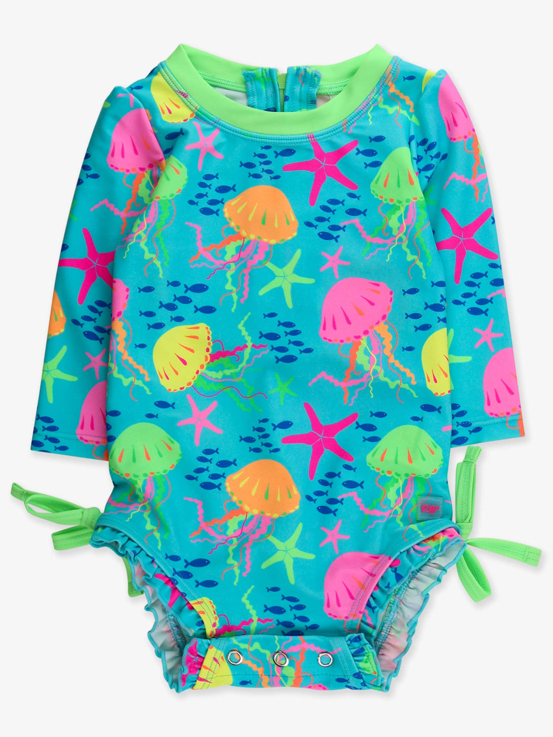 RuffleButts + RuggedButtsLong Sleeve One Piece Rash Guard Swimsuit - Neon Jelly Time