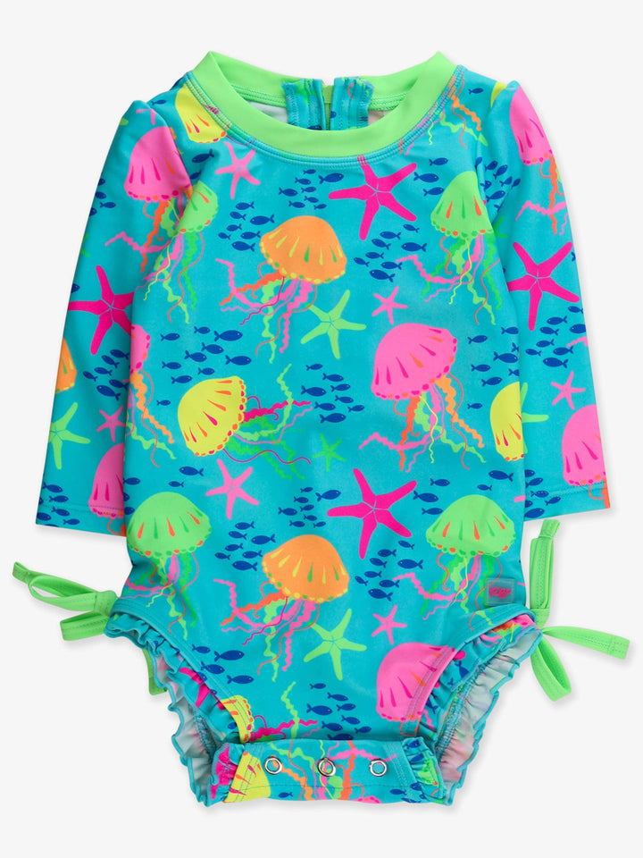 RuffleButts + RuggedButtsLong Sleeve One Piece Rash Guard Swimsuit - Neon Jelly Time
