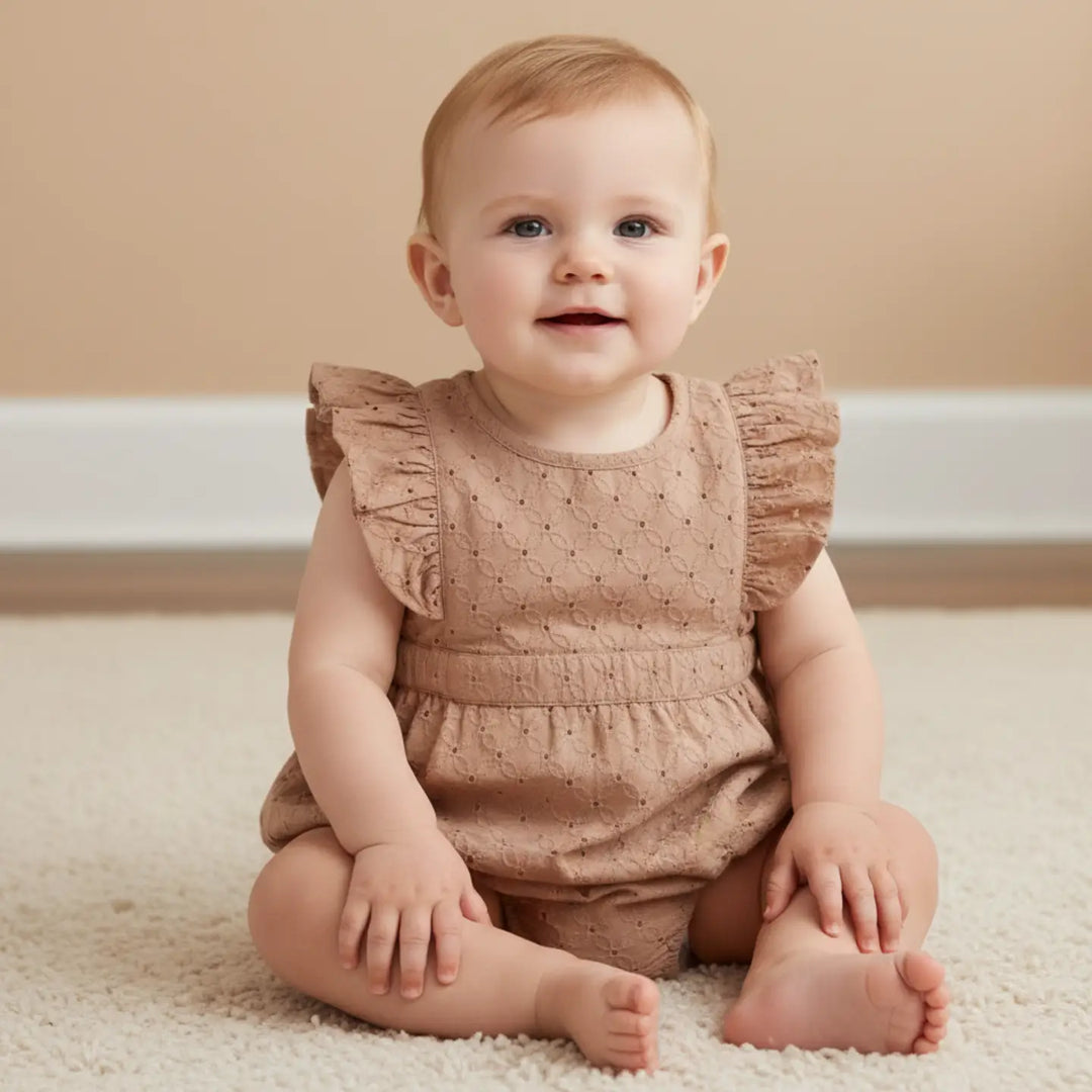 Makemake Organics Eyelet Flutter Romper - Clay Eyelet