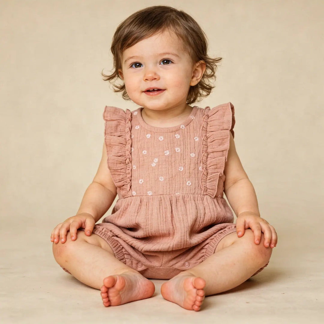 Makemake Organics Embroidered Ruffler Romper - Clay