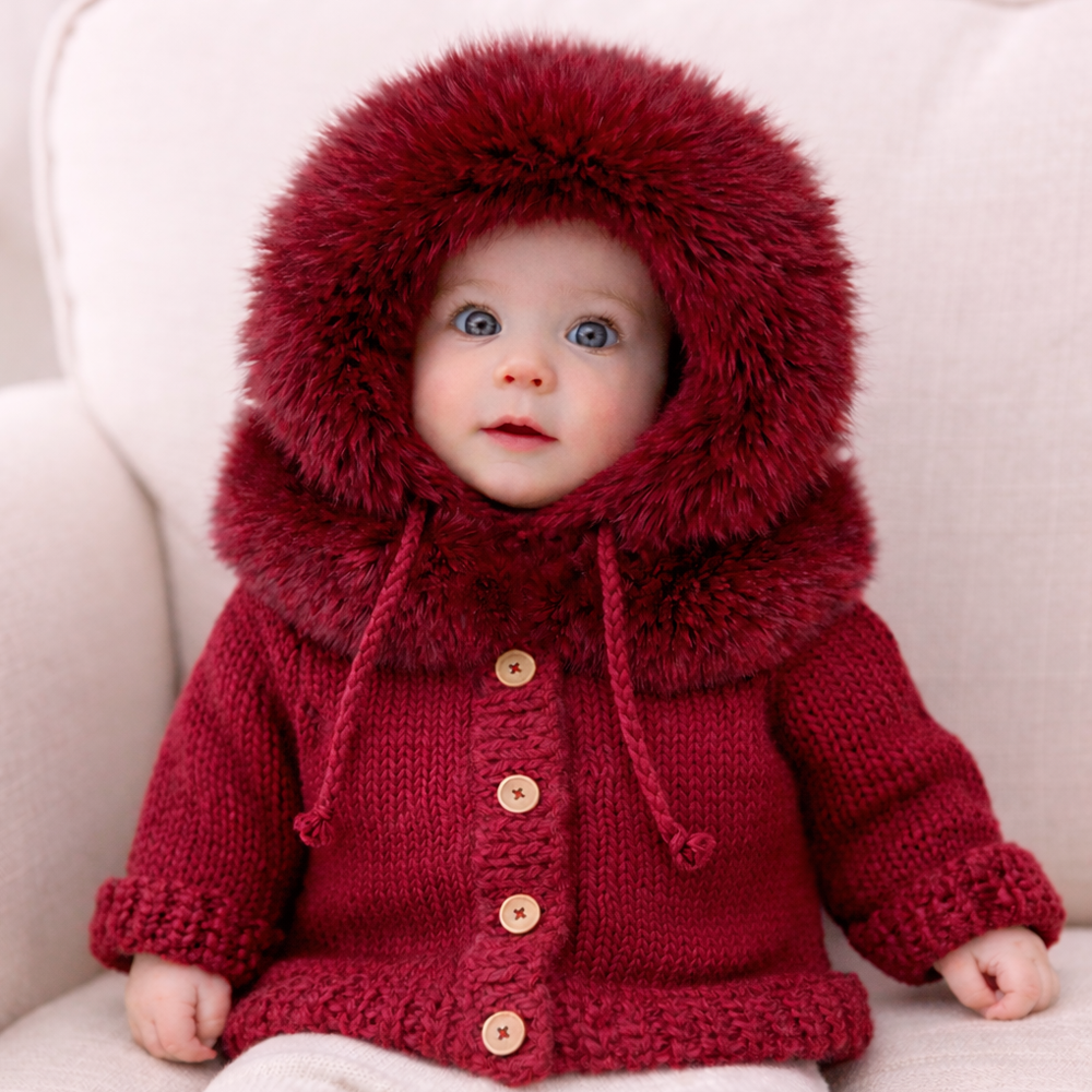 Huggalugs Fur Collar Cardigan Sweater - Crimson