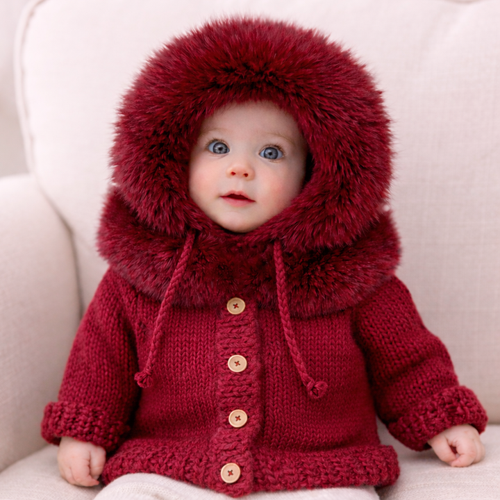 Huggalugs Fur Collar Cardigan Sweater - Crimson
