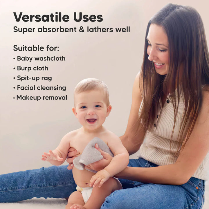 6 - Pack KeaBabies Baby Washcloths (White/ Stone)