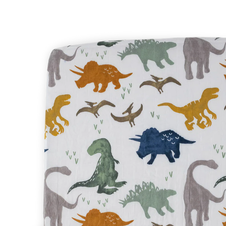 Little Unicorn Cotton Muslin Crib Sheet - Dinosaur Friends