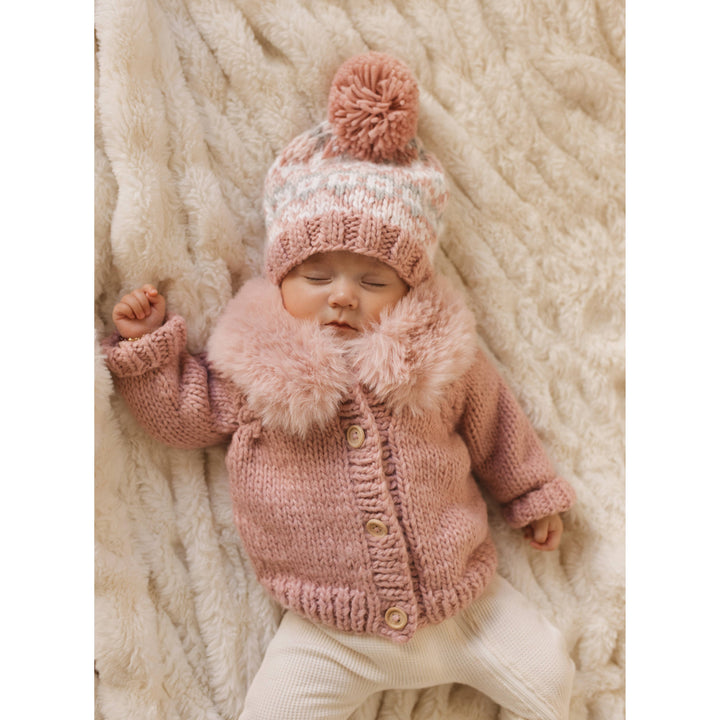 Huggalugs Fur Collar Cardigan Sweater - Rosy