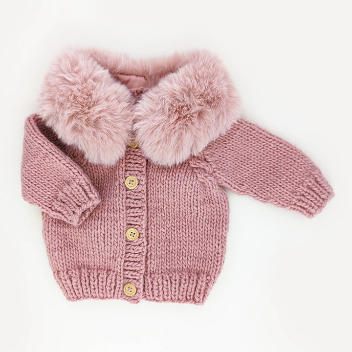 Huggalugs Fur Collar Cardigan Sweater - Rosy
