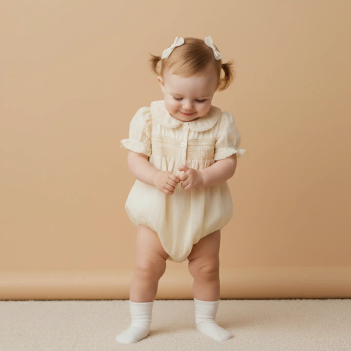 Makemake Organics Smocked Button Romper - Butter Yellow