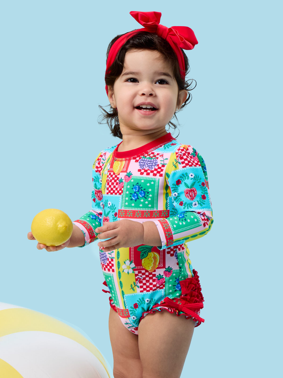 RuffleButts + RuggedButts Long Sleeve One Piece Rash Guard Swimsuit - Picnic Party Patchwork