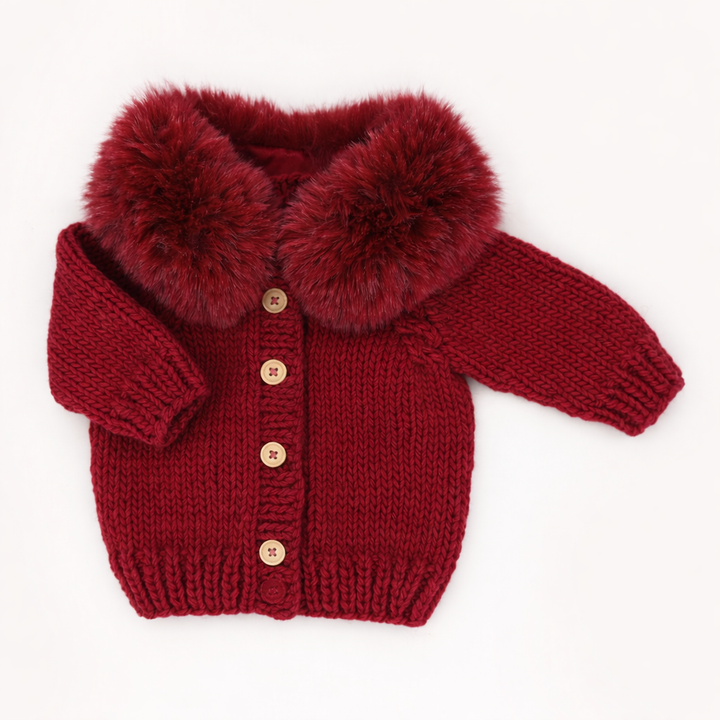 Huggalugs Fur Collar Cardigan Sweater - Crimson