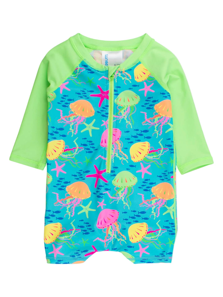 RuffleButts + RuggedButts Long Sleeve One Piece Rash Guard Swimsuit - Neon Jelly Time