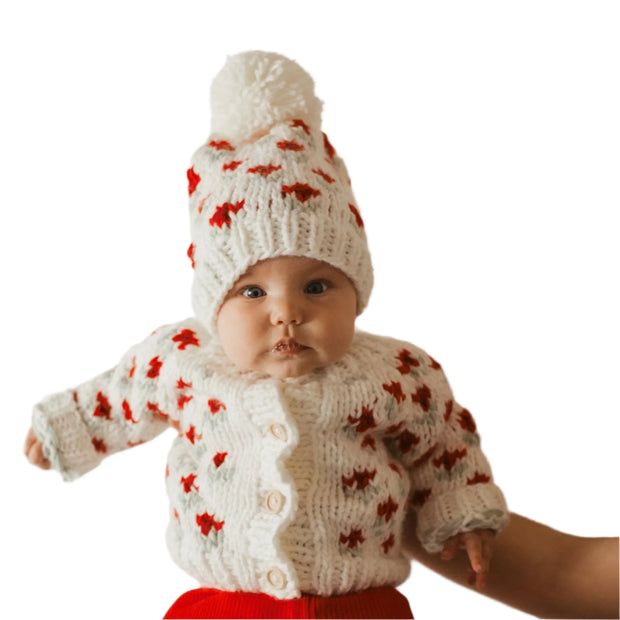 Holiday Red Floral Cardigan and Hat Set