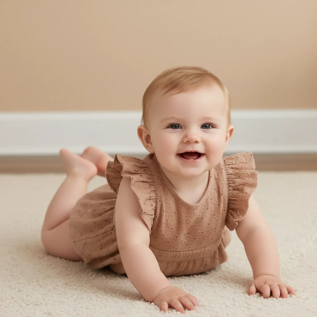 Makemake Organics Eyelet Flutter Romper - Clay Eyelet