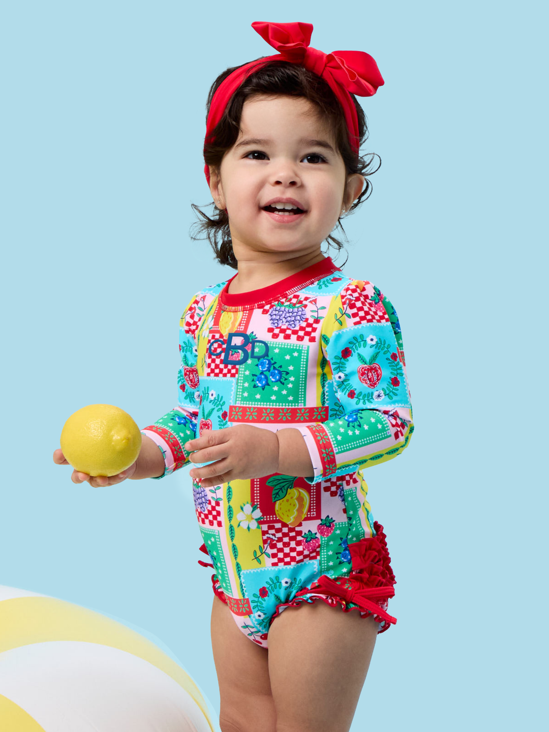 RuffleButts + RuggedButts Long Sleeve One Piece Rash Guard Swimsuit - Picnic Party Patchwork