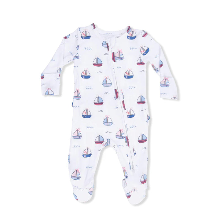 Angel Dear 2 Way Zipper Ruffle Back Footie - Pastel Sailboats