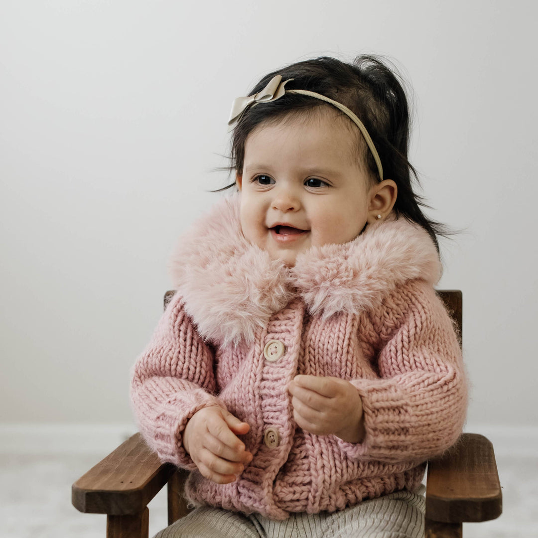 Huggalugs Fur Collar Cardigan Sweater - Rosy