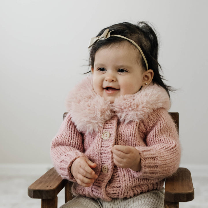Huggalugs Fur Collar Cardigan Sweater - Rosy