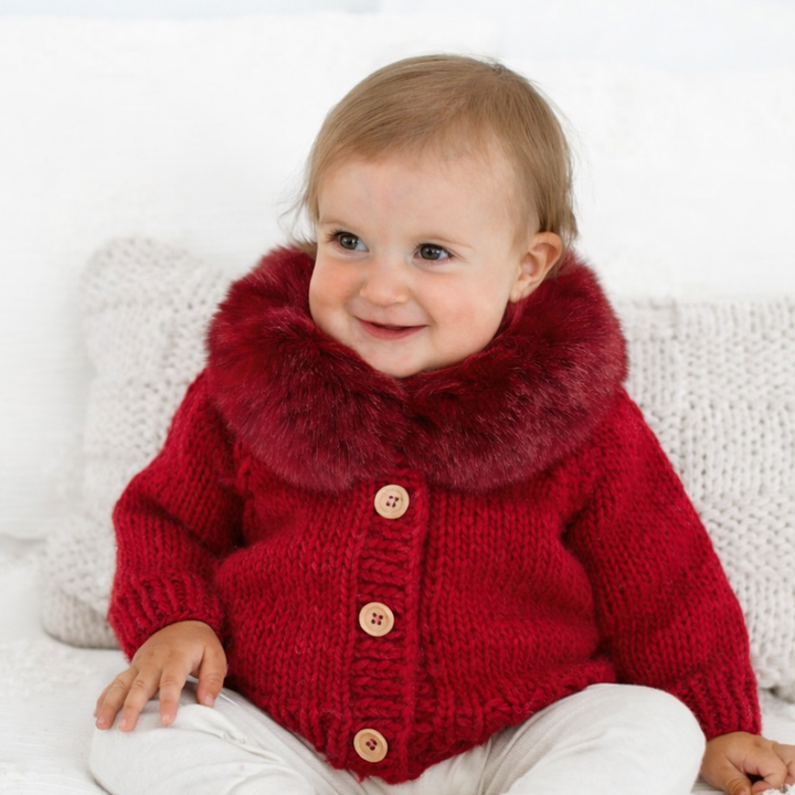 Huggalugs Fur Collar Cardigan Sweater - Crimson