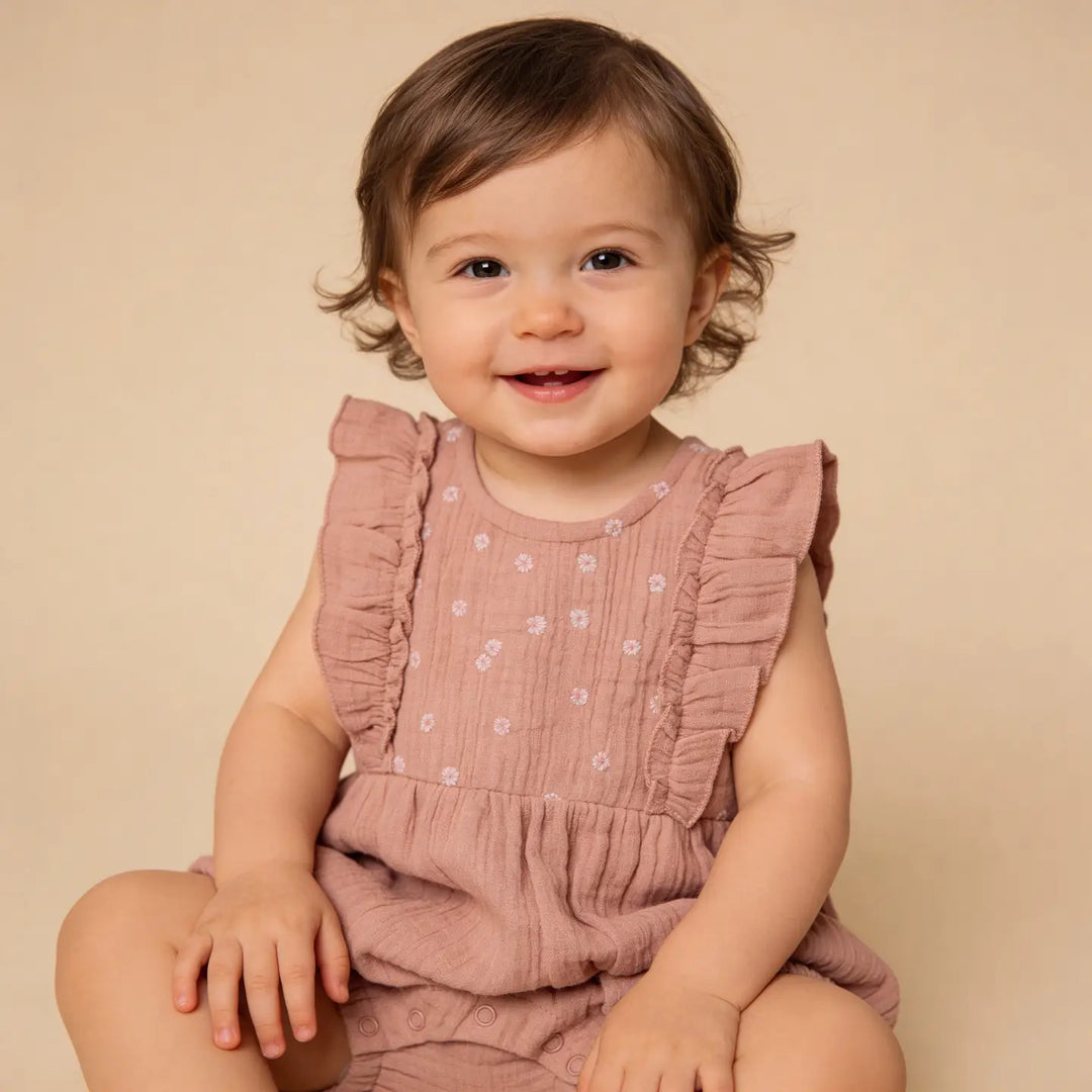 Makemake Organics Embroidered Ruffler Romper - Clay